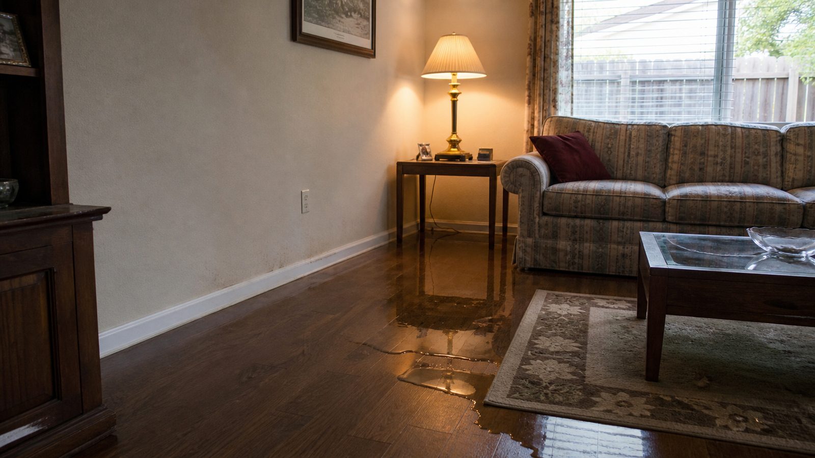 Shallow water spreading across the floor of a lived-in residential room